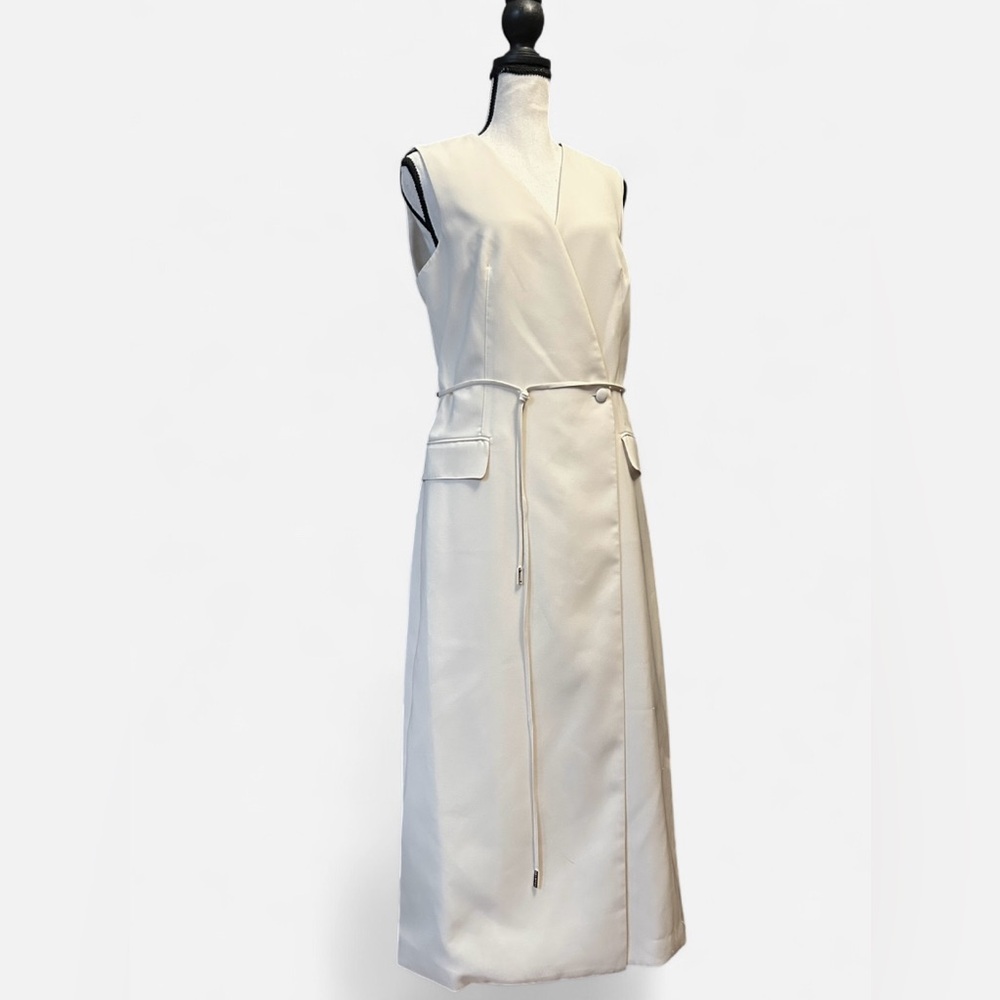 NWT Halston Nellie Dress Stretch Crepe Buff Beige Wrap Midi Dress Size 8